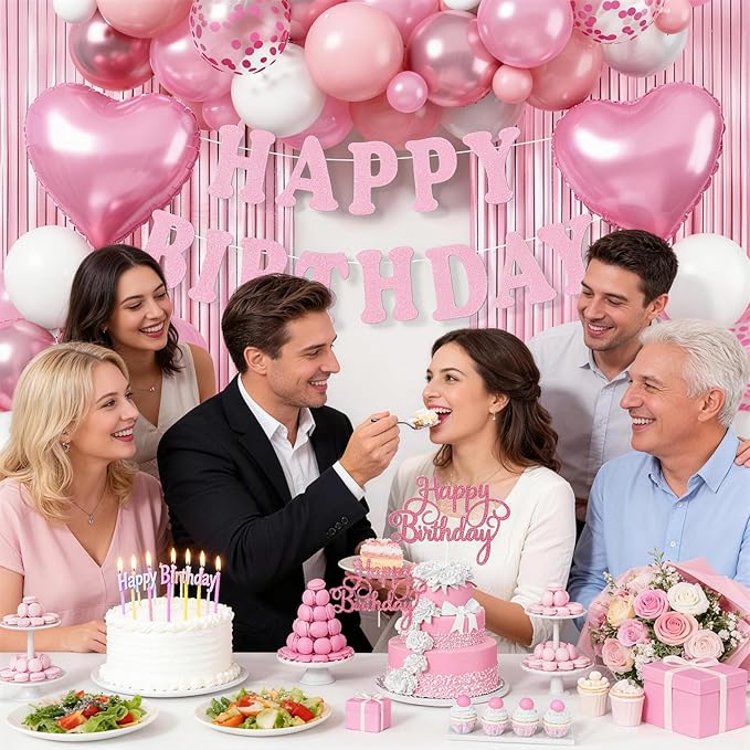 Pink Birthday Decorations for Girls Women, Baby Light Pastel Pink White Party Balloons with Fringe Curtain Birthdays Banner Cake Decor for Birthday Wedding Baby Shower Party Decoration Supplies