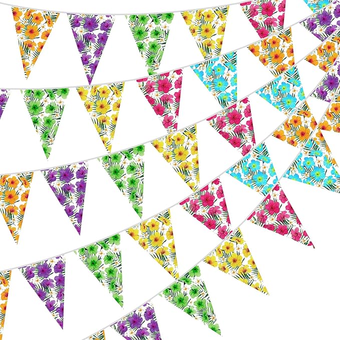 Jetec 5 Pack 49 Ft Hibiscus Flower Pennant Banner Hawaiian Luau Party Decorations for Tiki Bar Supplies Aloha Birthday Tropical Beach Theme Summer Outdoor Bunting Flags Hanging Garland Decor