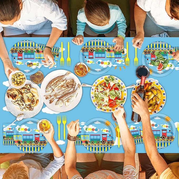 61 Pcs Train Birthday Decorations Chugga Choo Party Tableware Set Cartoon Car Plates Napkins and Tablecloth Transportation Themed Supplies for Birthday Parties Family Gathering Dinner Serve 20 Guests