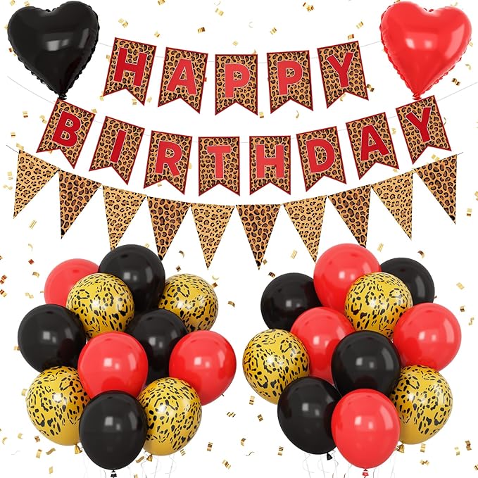 Red Black Leopard Birthday Decorations, Gold Cheetah Print Animal Balloons Black Red and Heart Balloons, Cheetah Happy Birthday Banner for Safari Wild Birthday Baby Shower Jungle Theme Party Supplies