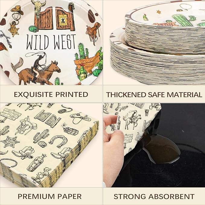 180PCS Cowboy Party Supplies Serve 60,Western Cowboy Birthday Paper Plates and Napkins Kit for Rodeo Birthday Baby Shower Party Decorations,Includes Dinner and Dessert Plates, Napkins