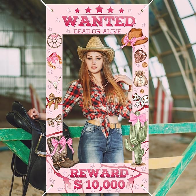 Pink Cowgirl Banner Backdrop - 72x39 Inch Cowgirl Photo Prop with Rope, Western Pink Bow Cowgirl Party Decor for Cowboy Themed Party Decorations, Baby Shower and Bachelorette Birthday Party Supplies