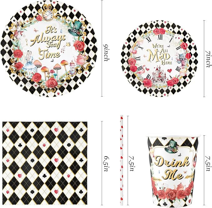 Alice Tea Party Decorations - Baby Shower Paper Plates, Napkins, Cups & Straws for 24 Guests, 120 Pcs Disposable Party Dessert Dinnerware