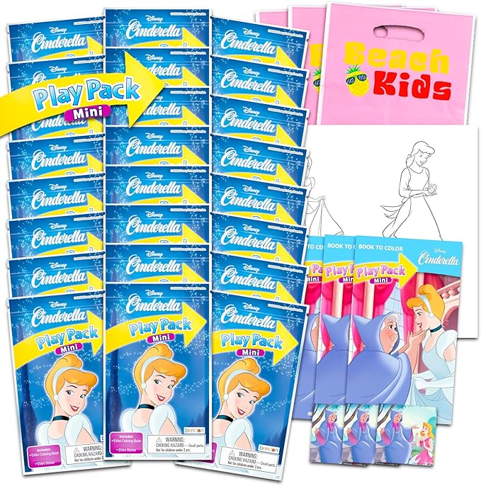Disney Princess Cinderella Birthday Party Favors Set - Bundle with 24 Cinderella Play Packs | Mini Coloring Books, Stickers, and More for Goodie Bags (Cinderella Party Supplies)