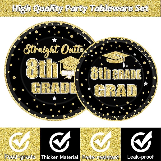 96 Pcs 8th Grade Grad Party Supplies for 24 Guests Eighth Grade Tableware Plates Napkins Teens Graduation Dinnerware Table Decorations for Congrats Grad Party Supplies Straight Outta 8th Party Favors