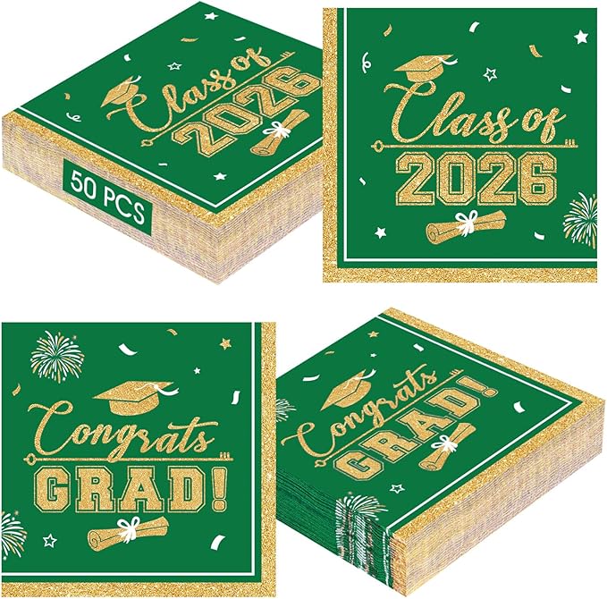 50 Pcs Graduation Napkins Class of 2026 - Green Gold Congrats Grad Napkins Set, 3-Ply Disposable Graduation Luncheon Dinner Party Paper Napkins for Graduations Party Supplies Table Decoration