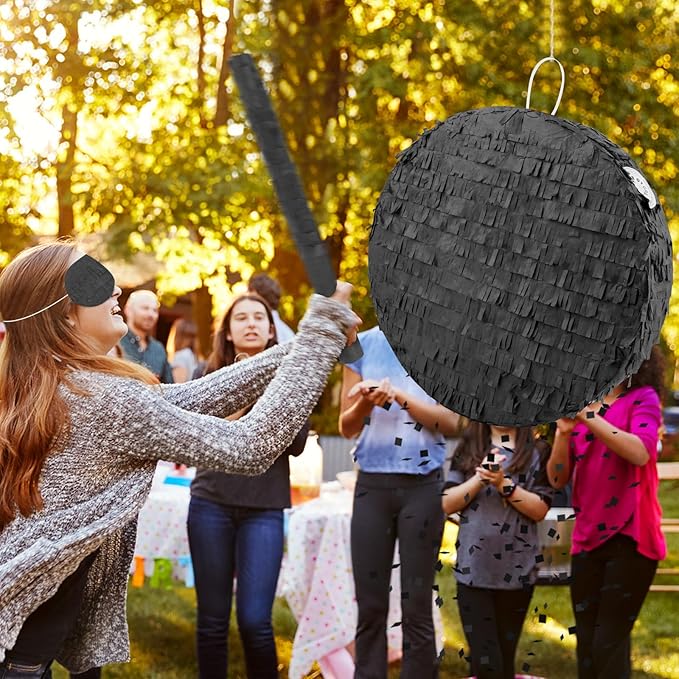 Black Round Pinata with Stick Blindfold and Confetti DIY Blank Pinata for Adults Kids Birthday Party Supplies Christmas Carnivals Decorations