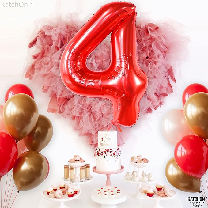 KatchOn, Giant Red Number 4 Balloons for Birthdays - 40 Inch | Red 4 Balloon Number | 4th Birthday Balloons for Boys and Girls | Number Balloons for 4th Anniversary Decorations