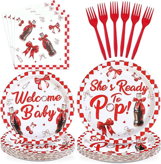 96Pcs She's Ready to Pop Baby Shower Decorations Soda Pop Drink Themed Plates and Napkins Red White Bow Gingham Disposable Paper Tableware Set for Girls Baby Shower Party Supplies Serves 24