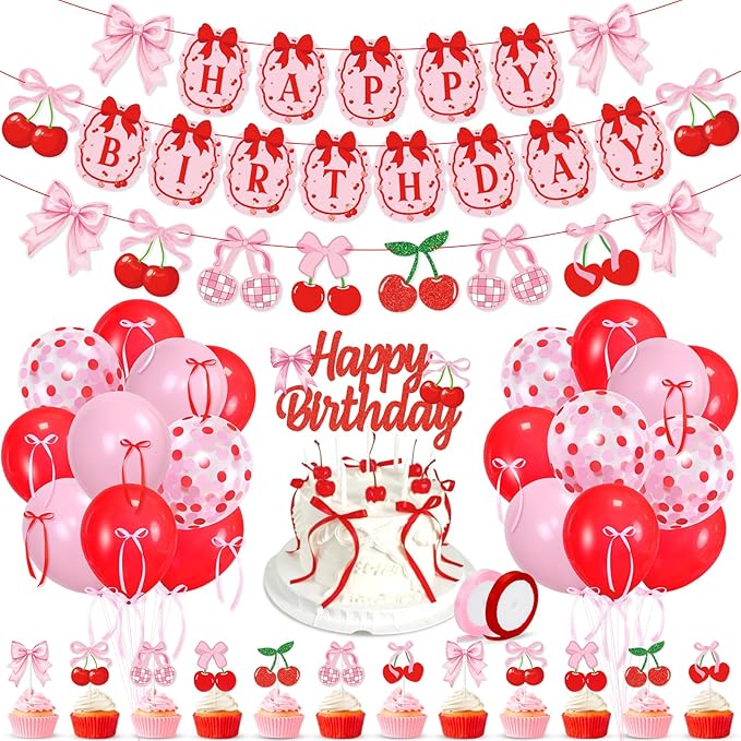 K KUMEED Cherry Birthday Decorations,Cute Happy Birthday Cherry and Bow Banner,Summer Fruit Cherries Party Supplies Cake Topper Latex Balloons for Birthday Party Decorations