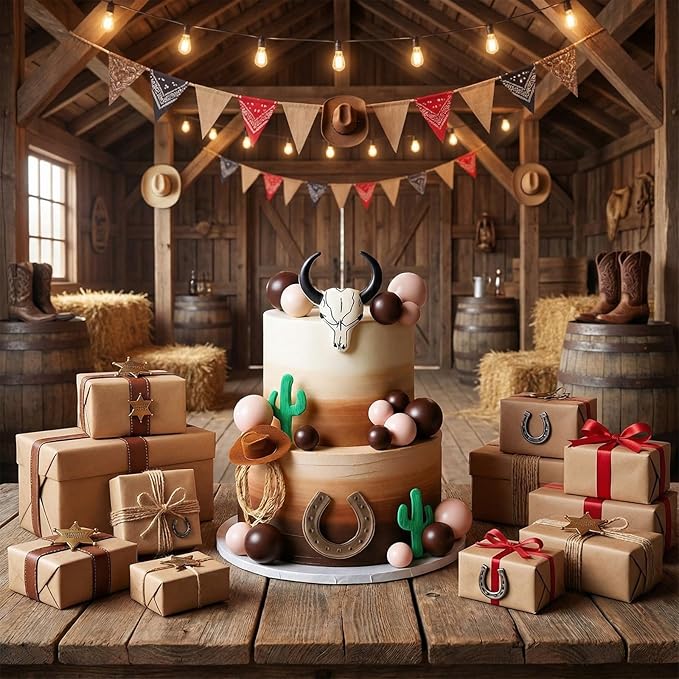 26 Pcs Cowboy Cake Decorations Cowboy Hat Cake Topper Western Hat Bull's Head Topper Decoration for Western Cowgirl Birthday Baby Shower Party Supplies (Brown, Retro)