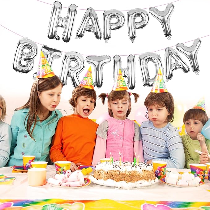 Silver Happy Birthday Balloons Banner (3D Silver Lettering) Mylar Foil Letters | Inflatable Party Decor and Event Decorations for Kids and Adults | Reusable, Ecofriendly Fun