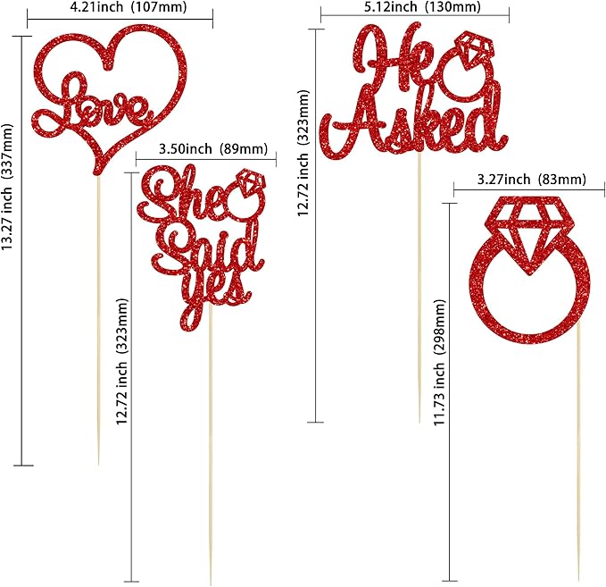 Gyufise 12Pcs He Asked She Said Yes Centerpiece Sticks Double Sided Glitter Diamond Ring Heart Love Table Centerpiece Sticks for Wedding Engagement Party Supplies Red