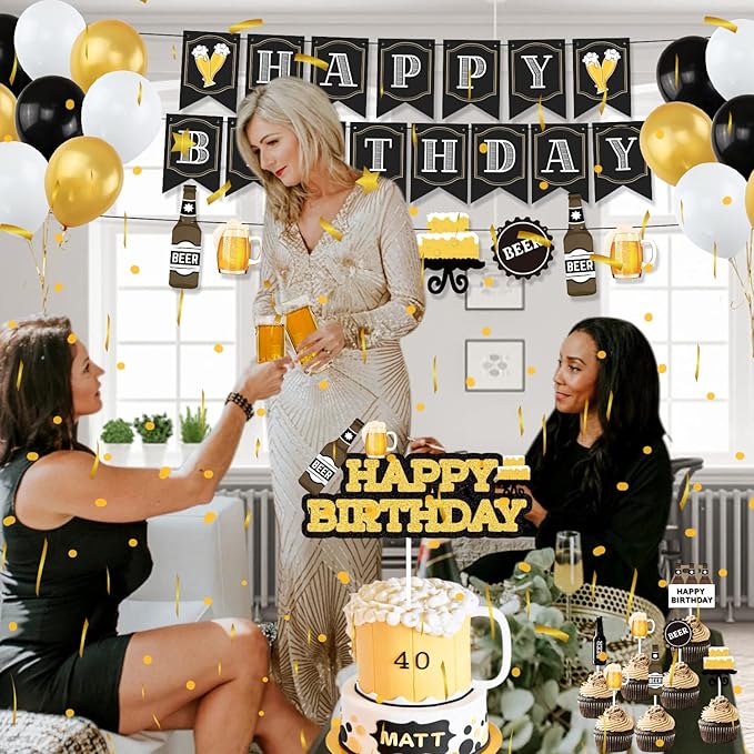 Beer Birthday Party Decorations, Cheers and Beers Happy Birthday Party Banner Balloons Decorations Aged to Perfection Party Supplies for Men 30th 40th 50th Beer Birthdays Party Decorations