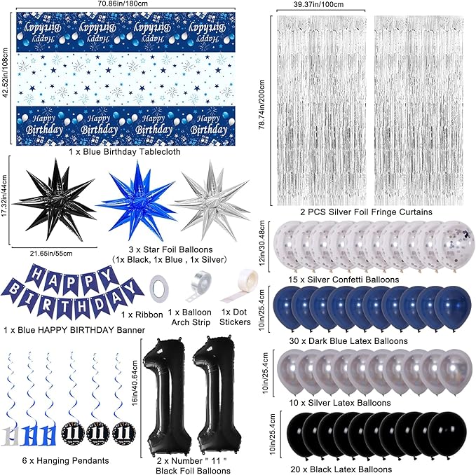 11th Birthday Decorations for Boys and Girls Dark Blue, 11 Year Old Birthday Decorations with HAPPY BIRTHDAY Banner Number 11 Balloon Tablecloth Foil Star Balloons Garland Arch Kit Party Supplies