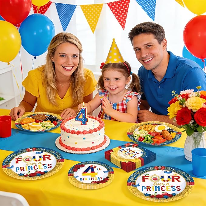 96 Pcs Snow Princess 4th Birthday Party Supplies Cartoon Snow Plates and Napkins Red Blue Yellow Tableware Set for Girls 4th Birthday Baby Shower Princess Theme Party Supplies, Serves 24