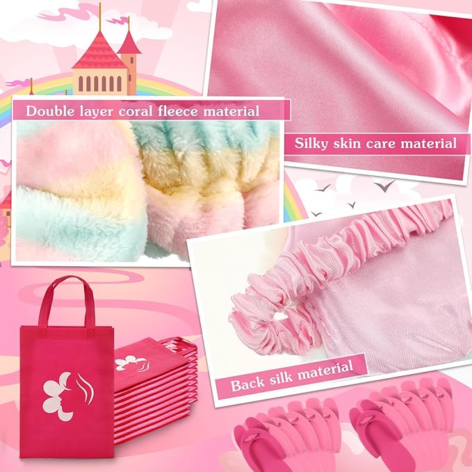 Bonuci 50 Pcs Spa Party Supplies for Girls, 10 Satin Robe 10 Kids Slippers Sleepover Birthday Spa Party Favors