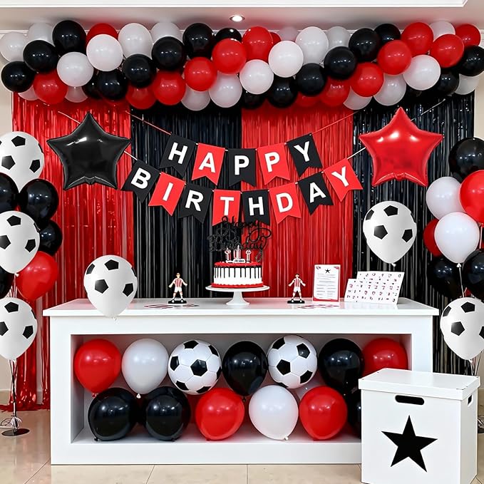 Soccer Birthday Party Decorations for Men Women, Soccer Birthday decorations with Red Black White Balloons Happy Birthday Banner Cake Toppers 18in Foil Balloon for Boys Girls Women Men Party Decor