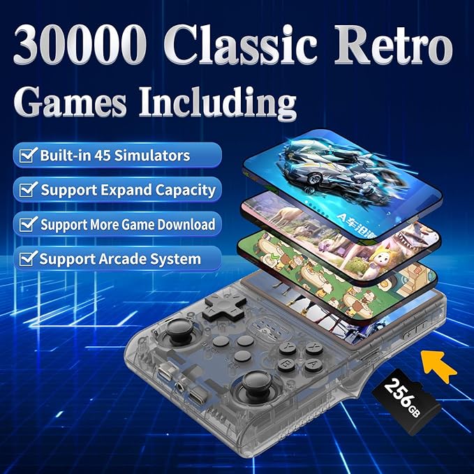 R40S Pro Handheld Game Console,30000 HD Games Mini Retro Gaming Console,3.5-Inch IPS Screen,Built in 45 Emulators,256GB SD Card,3800mAh Battery (Transparent Grey)