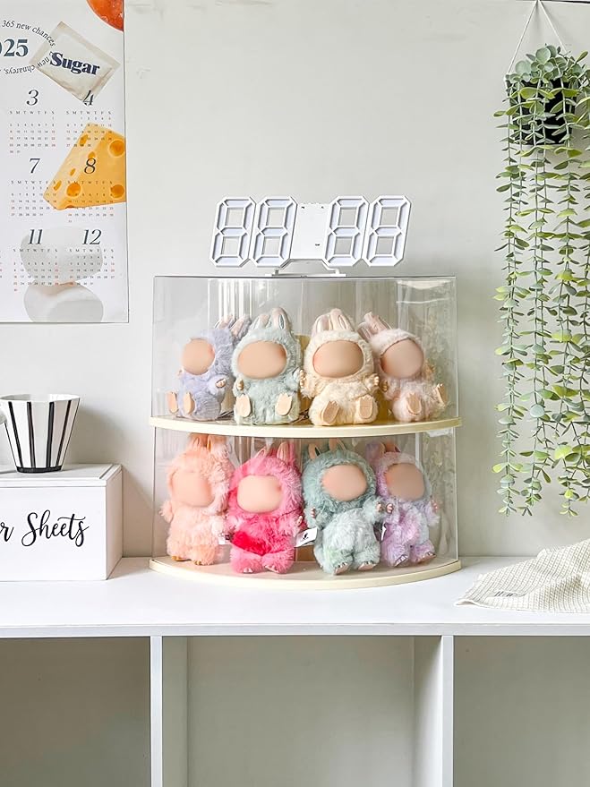 Half-Moon Clear Toy Organizer Compatible with Labubu - Corner Storage Box for 7 Inch Collectibles, Stackable Display Case with Dust-Proof Lid & Accessory Shelf