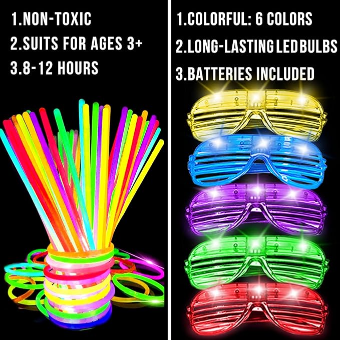 TURNMEON 125 Pack Glow in The Dark Party Supplies Light Up Party Favors with 100 Glow Sticks and 25 Led Glasses Shutter Shades Sunglasses Neon Glow Accessories Easter Basket Wedding Birthday Concert