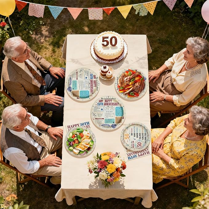 96Pcs 50th Anniversary Party Decorations Retro 50 Years Wedding Aday Plates and Napkins Golden 50th Anniversary Disposable Tableware Set for Vintage 50 Year Wedding Party Supplies Serves 24