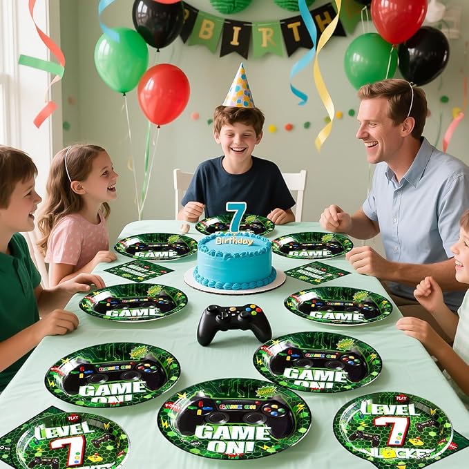 Grencian 96Pcs 7th Birthday Party Decorations Green Video Game Paper Plates Disposable 7th Birthday Paper Tableware Set for Boys 7 Year Old Video Gamer Birth-day Gaming Party, Serves 24