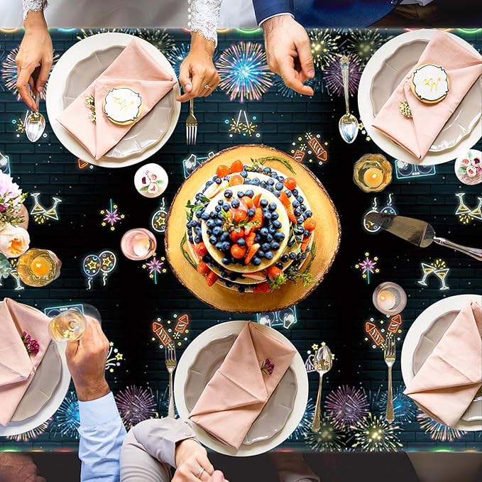 Neon New Year Tablecloth - 3Pack 2026 Happy New Year Eve Glow in The Dark Tablecovers Decoration Rectangle Tablecloth Carnival Party Table