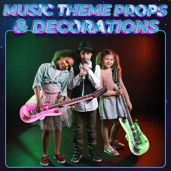 Inflatable Guitars With Strap - (pack Of 12) 36-inch Colorful Blow Up Guitar, Party Favors, DJ-props, Photo-booth, Birthdays, Rock Star, Rock And Roll Party Decorations, 80s 90s Party Supplies