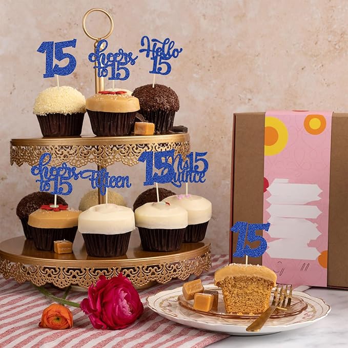 30Pcs 15th Birthday Cupcake Toppers Fifteen Cupcake Picks Cheers to 15 Years Old Mis Quince 15 Cake Decorations for 15th Birthday Anniversary Party Deep Blue Glitter