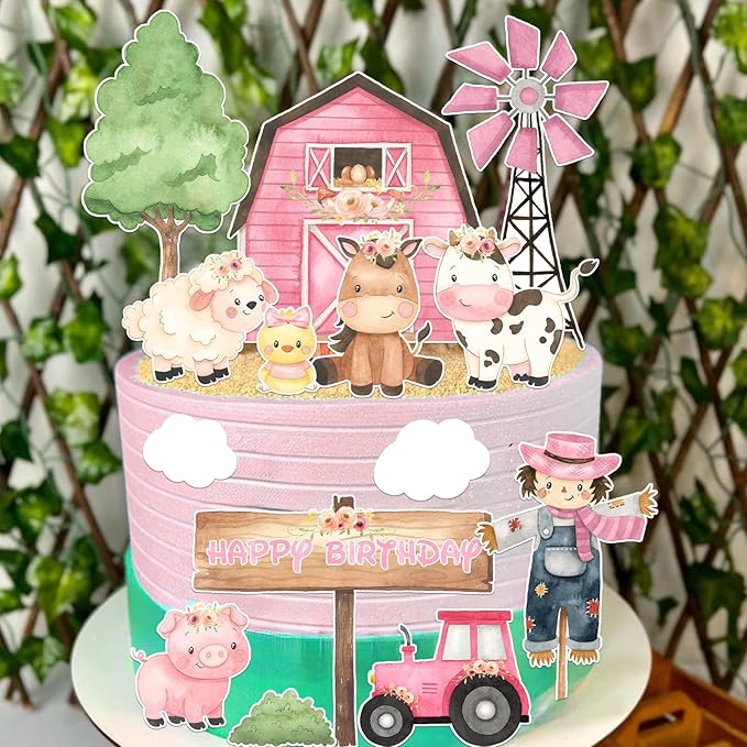 Pink Farm Cake Toppers for Farm Animals Birthday Decoration 14 Pcs Farm Animals Cake Becorations Birthday Party Supplies Cow Birthday Party Supplies