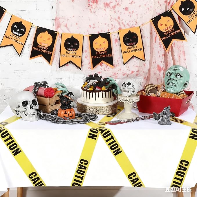Irenare 3 Pcs Halloween Construction Birthday Party Supplies Disposable Plastic Caution Tape Construction Table Cloth Dump Truck Themed Table Cover Decoration for Halloween 54 x 108 in (White)