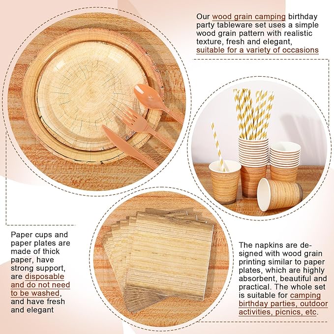 Sawysine 202 Pcs Wood Grain Party Supplies Disposable Dinnerware Set 50 Plates 25 Cups 25 Napkins 25 Plastic Forks 25 Knives 25 Spoons 25 Straw Flag Tablecloth to Serve 25 Guests