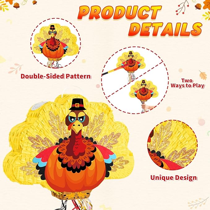 WERNNSAI Thanksgiving Turkey Piñata - Fall Autumn Decorations Gentle Turkey Piñata Orange Thanksgiving Party Games Autumn Decorations for Home Fall Festival Party Favors with Blindfold