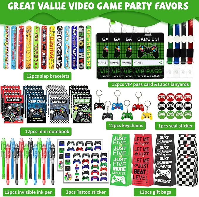 146 Pcs Video Game Party Favors, Gamer Party Favor -Ink Pen Notebook VIP Passes with Lanyards Slap Bracelets Keychains Bags Tattoo Stickers for Kids Gaming Party Favors Game On Birthday Partys Favor