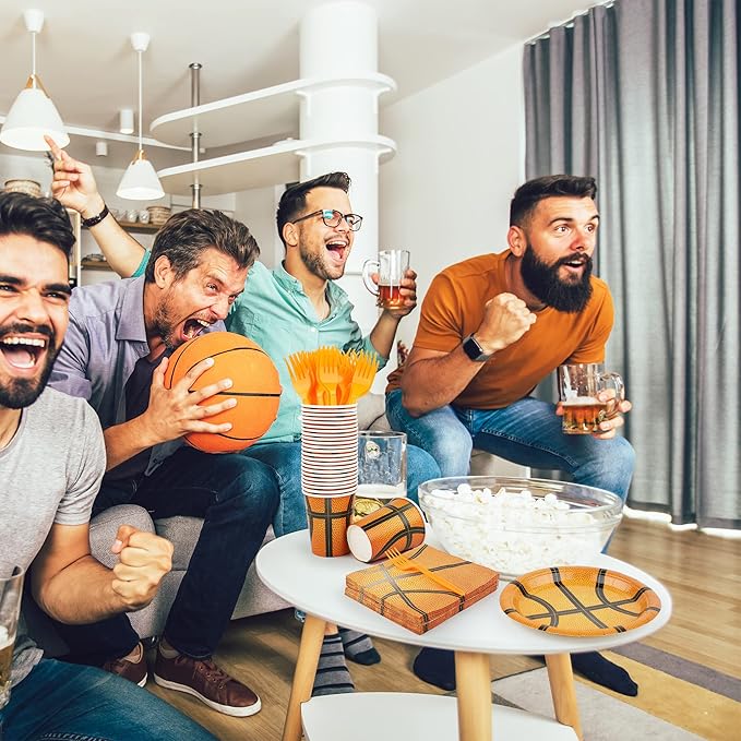 durony 144 Pieces Basketball Paper Plates and Napkins Dinnerware Kits Basketball Birthday Party Decorations Tableware Set Includes Paper Plates Napkins Forks Serve 24 for Sports Theme Party Supplies