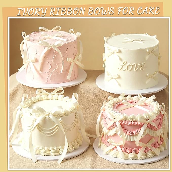 30 Pack Bow Cake Toppers Ivory Ribbons Bows for Cake Bow Cupcake Toppers Ivory Bow Birthday Decorations for Baby Shower Birthday Wedding Party Supplies