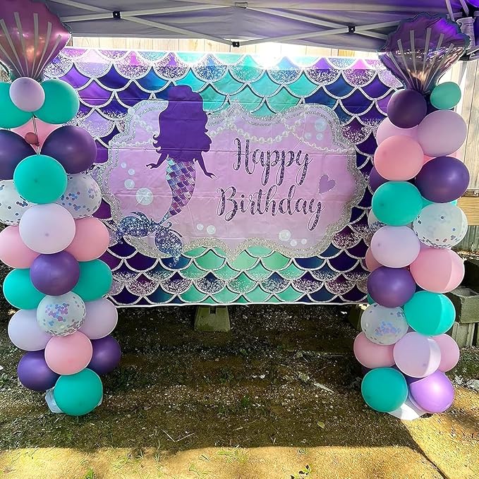 Mermaid Balloon, 12 Inch Mermaid Theme Balloon, Metallic Purple Green Party Balloons, Teal Green Purple and White Balloons with Confetti for Mermaid Party Girls Birthday baby shower Decoration