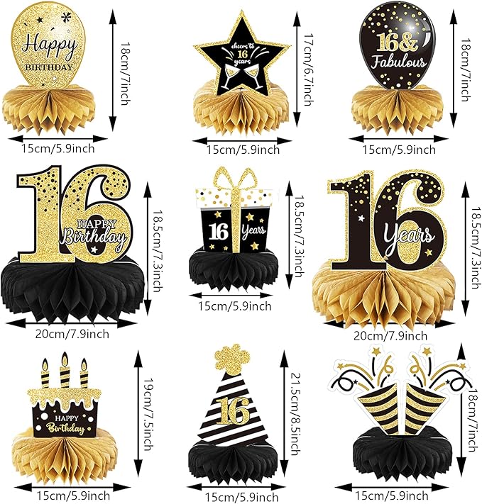 9 Pieces 16th Birthday Decoration for Boys Black Gold 16th Birthday Tables Decor Honeycomb Centerpieces Cheers to 16 Years Table Topper for Boys Girls Sixteen Years Birthday Party Supplies (16th)