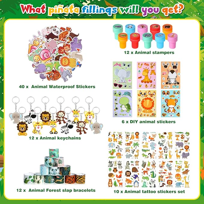 Pasimy 93 Pcs Jungle Safari Party Favors Include Wild One Piñata Stick Blindfold Zoo Animal Stickers Forest Slap Bracelets Stampers Keychains for Jungle Safari Birthday Party Supplies