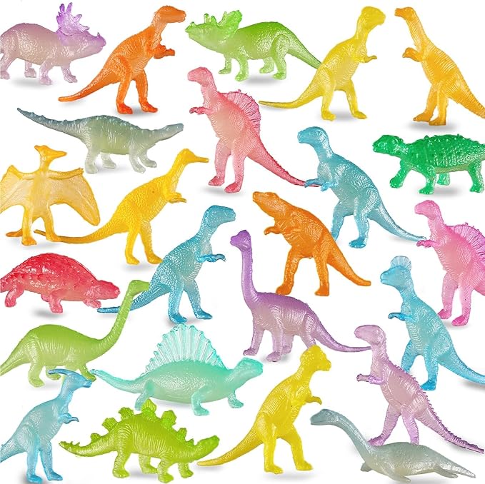 96 Piece Glow in Dark Mini Dinosaur Toy Set(24 Style), Plastic Realistic Dino Figure, Kid Birthday Party Favors Supplies Goody Bag Valentines Day Gift Pinata Stuffers Easter Eggs Easter Basket Filler