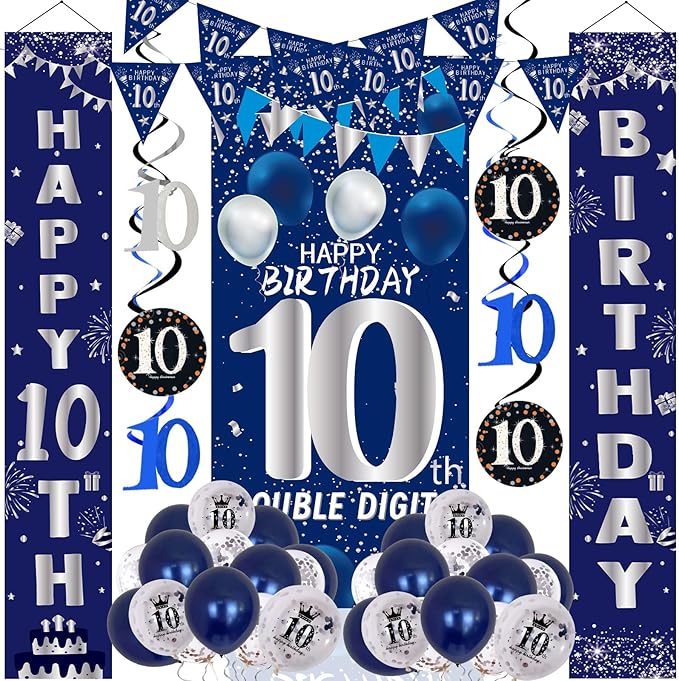10th Birthday Decorations for Boys Girls, Navy Blue Happy 10th Birthday Door Banner Sign, 10 Years Old Party Supplies Teenagers Bday Backdrop Balloons Hanging Decors