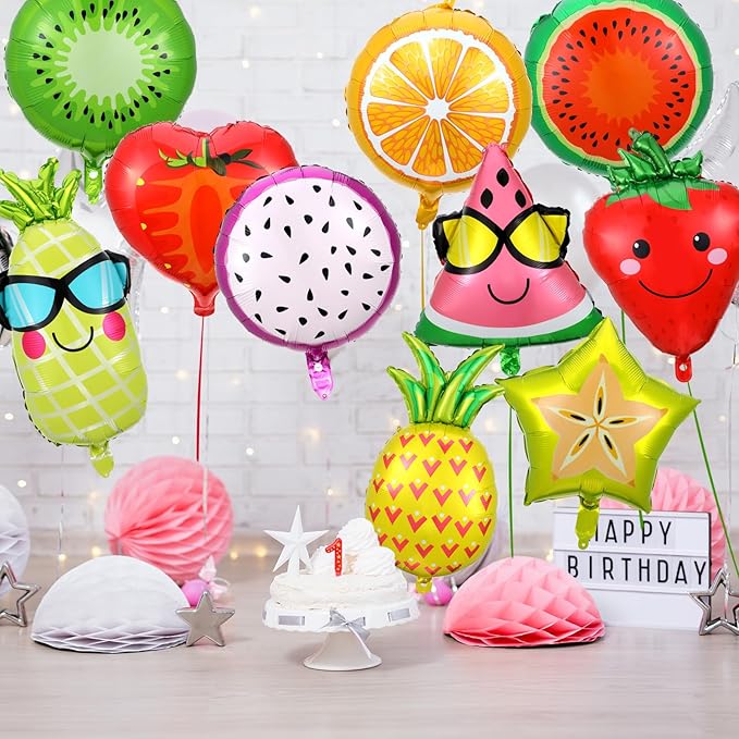 28 Pcs Summer Fruit Foil Aluminum Helium Balloons for Tutti Fruit Party Decorations Tropical Strawberry Watermelon Jumbo Balloons for Wedding Birthday Shower Party Supplies 18 Inch