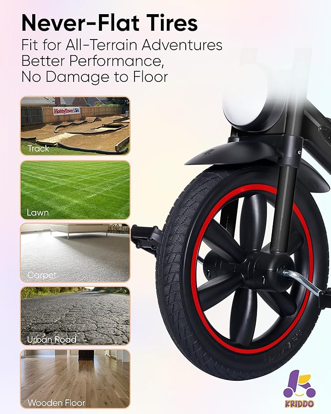 KRIDDO Kids Tricycle, 12 Inch Puncture Free Wheel w Front Light, Adjustable Seat Height, Gift for 2-5 Year Olds, BlackLED