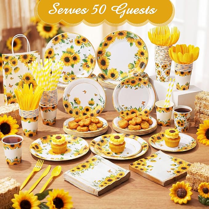 450 Pcs Sunflower Birthday Tableware Set Decorations Floral Paper Plates Napkins Cups Cutlery Straws for Yellow Birthday Wedding Bridal Shower Baby Shower Decorations, Serves 50