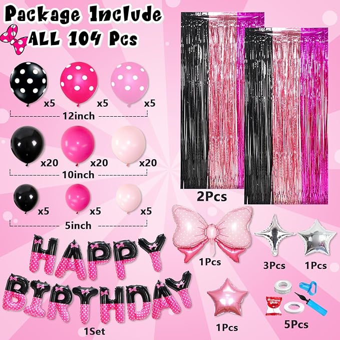 YIIHMEI Cartoon Mouse Birthday Party Decorations Supplies with Black Pink Style Letters Banner Balloons Kit for Girl's-104Pcs