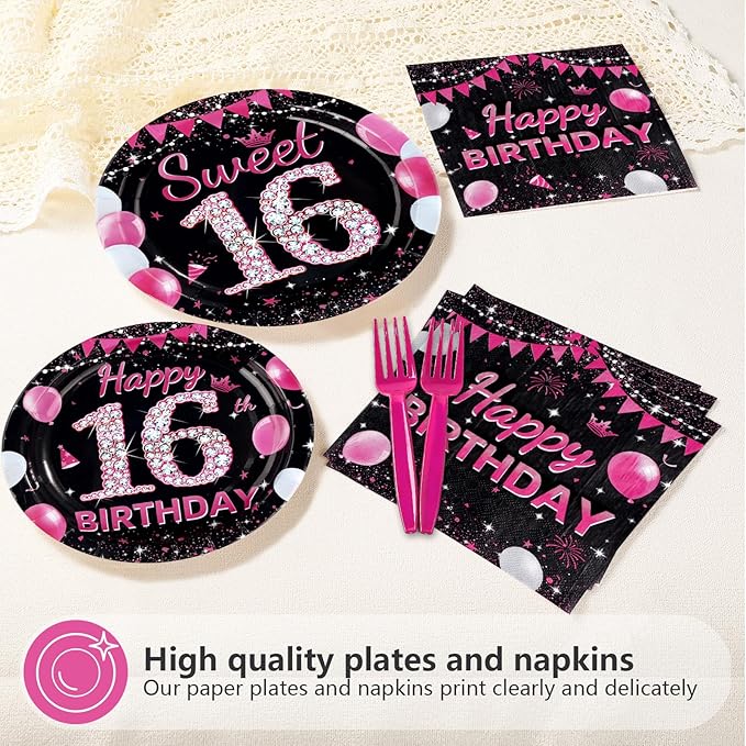 96Pcs 16th Birthday Party Supplies Black and Hot Pink Plates Forks and Napkins Diamond Sweet Sixteen Disposable Paper Tableware Set for Girls 16 Years Old Birthday Party Supplies Serves 24
