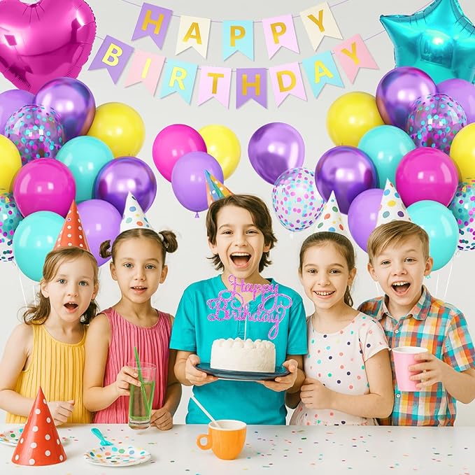 Pink Blue Purple Birthday Decorations for Women Girls, Hot Pink Blue Latex Balloon Decor Happy Birthday Banner Star Heart Foil Balloons Cake Topper Party Supplies