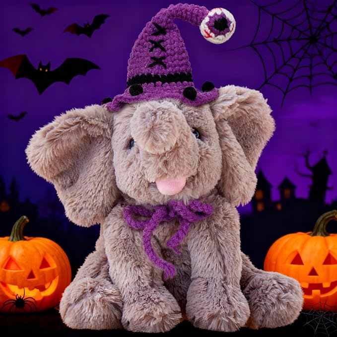 Hopearl Adorable Halloween Plush Calf Elephant Toy with Knitted Witch Hat Floppy Elephish Ultra Soft Stuffed Animal for Boys Girls Kids Toddlers, Gray, 10''