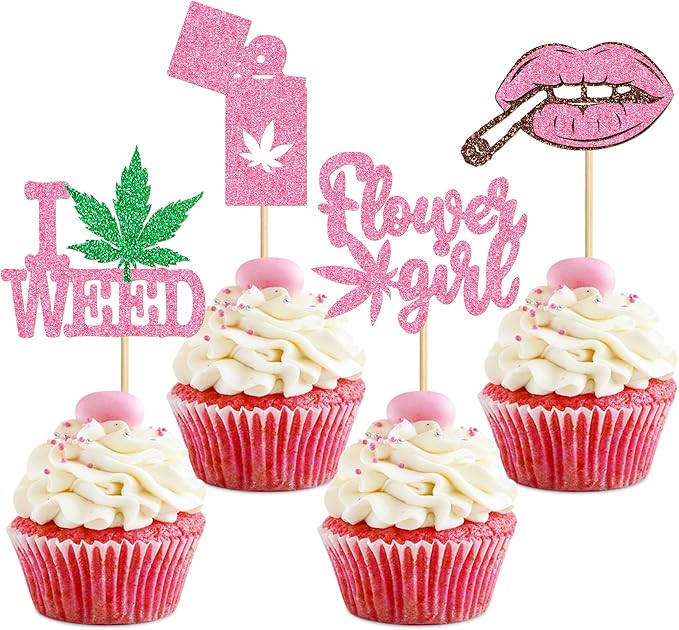 Ercadio 24 PCS Have a Dope Birthday Cupcake Toppers Pink Pot Leaf Weed Leaves Cupcake Picks Marijuana Dope Themed For Smoking Enthusiast Girl Birthday Party Supplies